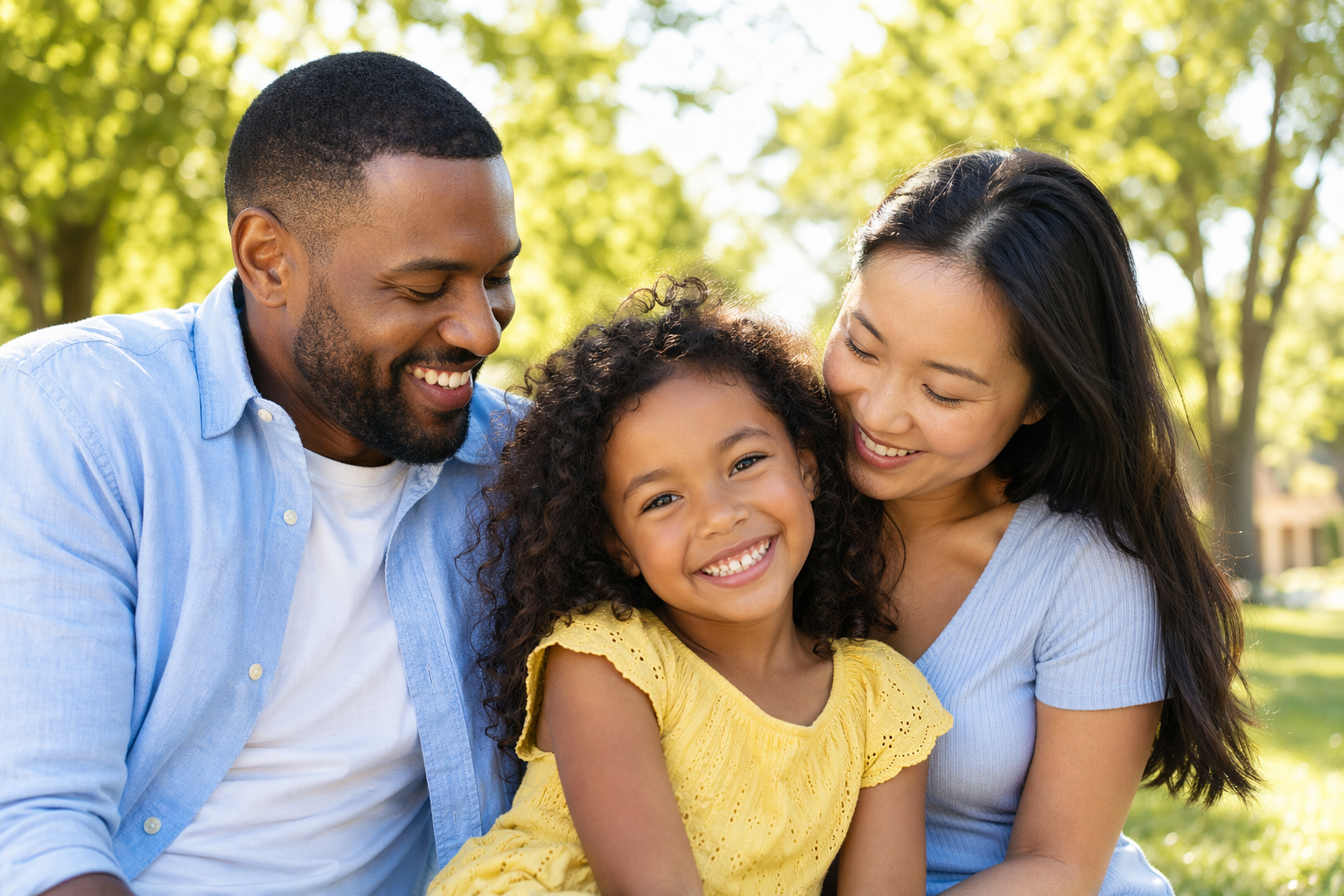 A happy family with a Black father, Asian mother, and child outdoors